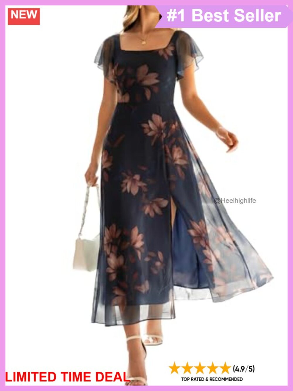 Floral Tulle Midi Dress Square Neck Ruffle Sleeve Slit Wedding Guest Formal